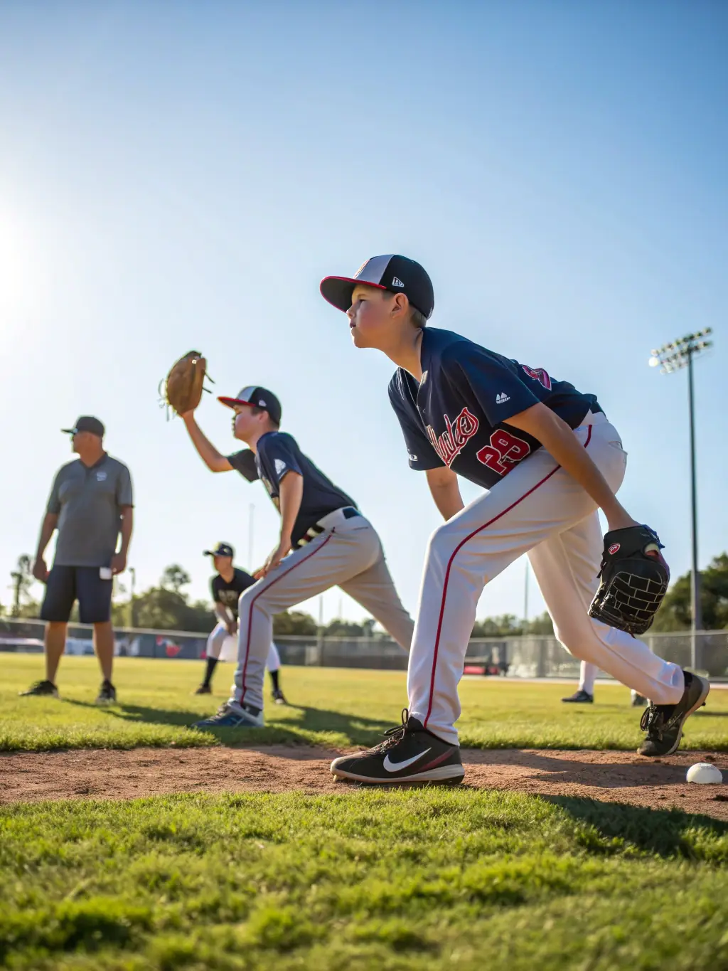 A vibrant image of young baseball players in action during a training session, focusing on teamwork and skill development, set against a sunny field backdrop.