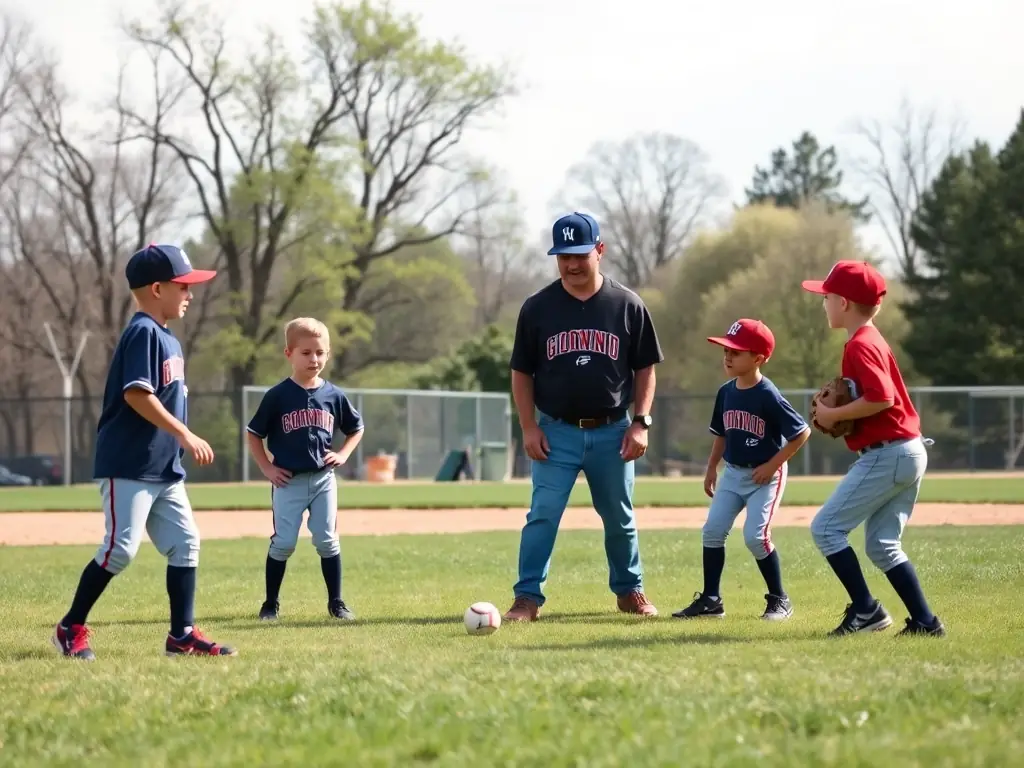 An image of young baseball players in action, focusing on teamwork and skill development during a training session.