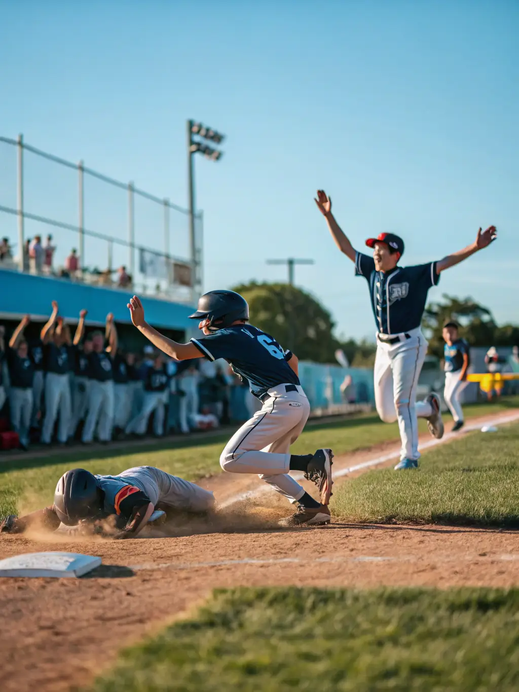 An image capturing the excitement of a community baseball tournament, showcasing players of different ages and skill levels competing in a friendly atmosphere.
